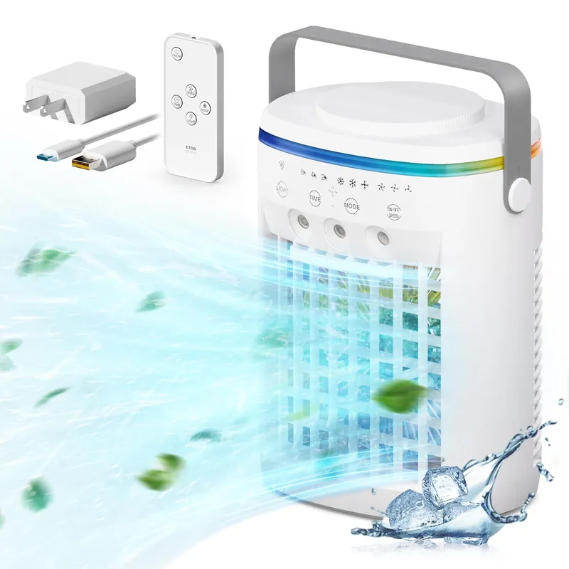 Vidihill Portable Air Conditioner, Evaporative Air Cooler, 2-4-8H Timer Auto-Off &Remote, Water Tank, Three ultrasonic nozzles, 3-Speed Personal Air Conditioner Cooling Fan