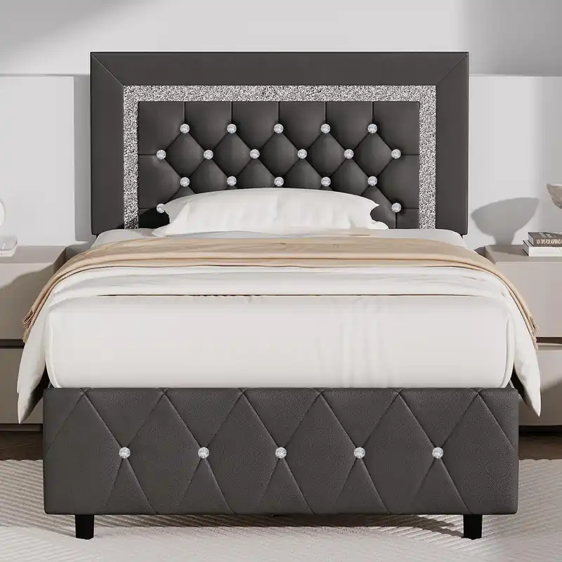 BarnFurin Twin Bed Frame with Diamond Tufted Headboard, Faux Leather Upholstered Bed with Wooden Slats Support, No Box Spring Needed, Mattress Foundation, Easy Assembly, Grey