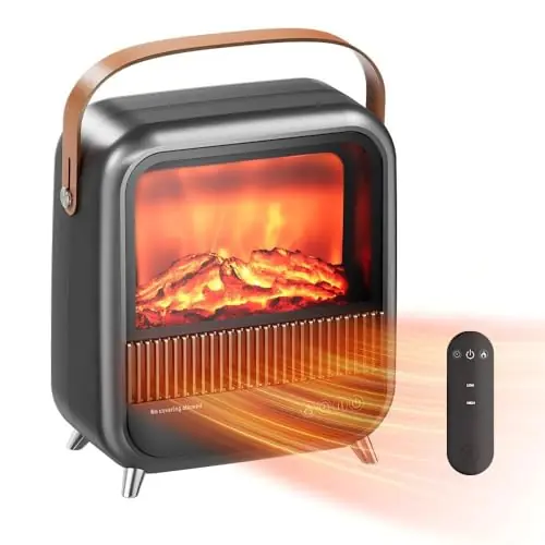 FLYMOON Electric Fireplace Heater, Fireplace Heater with 3D Different Flame Effects, 750/1200W, 7 H Timer, Electric Fireplace Heaters with Overheating & Tip-Over Protection for Office Garage Indoor