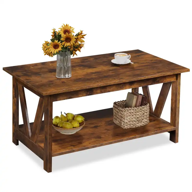 WLIVE Coffee Table with Storage Shelf, 39.4" Farmhouse Coffee Table with V-Frame Support, 2-Tier Wood Rustic Center Table for Living Room, Bedroom & Balcony, Rustic Brown