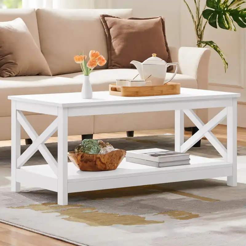 Yaheetech Wood 2-Tier White Coffee Table with Storage Shelf for Living Room, X Design Accent Cocktail Table, Simple Design Home Furniture, 39.5 x 20 x 18 Inches