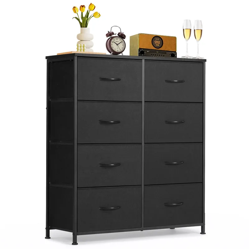 8-Drawer Dresser for Bedroom, Anti-Tip Tall Storage Organizer Chest of Drawers with Wooden Top and Metal Frame Fabric Bins for Closet, Living Room, Hallway, Entryway, Black