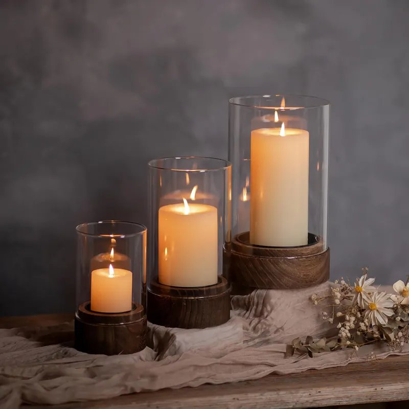 Hewory Hurricane Glass Candle Holder Set of 3 Rustic Brown Candle Holders for Pillar Candles, Vintage Decorative Wood Stand with Clear Glass for Weddings,Christmas,Table Centerpiece,Home Decor