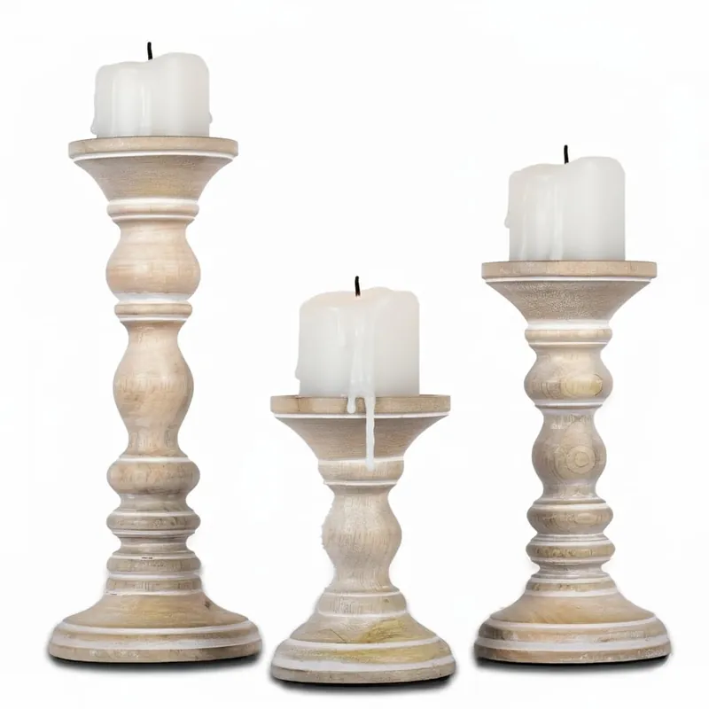 Mela Artisans Wooden Pillar Candle Holders Willow Design Set of 3 Mango Wood Candlesticks Whitewash Sizes 6" & 9" &12" Table Decor Centerpiece Mantel Wedding Living Room Decor