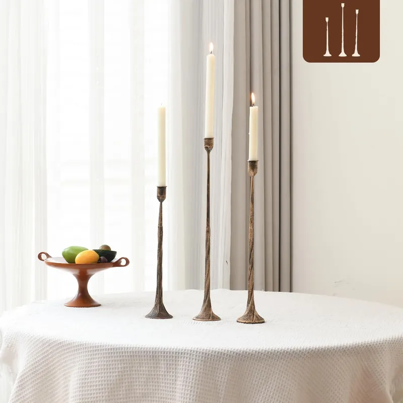 Set of 3 Candle Stick Holders, Iron Antique Gold Candlestick Holders, Fits 3/4 inch Thick Candles, Tapered Candle Holders Tall Set for Dining Table, Wedding, Home Decoration