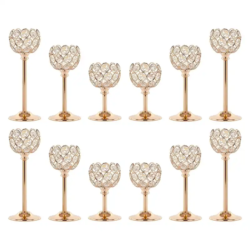 Crystal Candle Holders 4 Set of 12 - Gold Vintage Hollow Ball Candle Stand for Table Centerpiece, Crystal Metal Tealight Candlestick for Wedding, Dining Room Decor