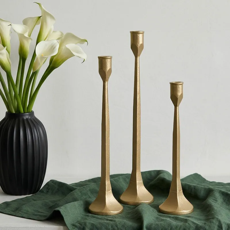 CYNTHRAX Gold Iron Taper Pillar Candle Holders Set of 3, Candlestick Holders Rustic Vintage Decorations, Tall Candle Stand for Home Decor Mantle Dining Coffee Table Outdoor Wedding-11.8"+13.8"+15.4"