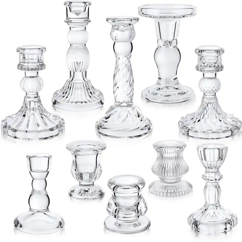 Mumufy 10 Pcs Glass Crystal Taper Candle Holders Clear Glass Candlestick Holder Fit 0.8 Inch Candles Crystal Decorative Candle Stand Centerpiece Table Wedding Dining Party (Classic,Clear)