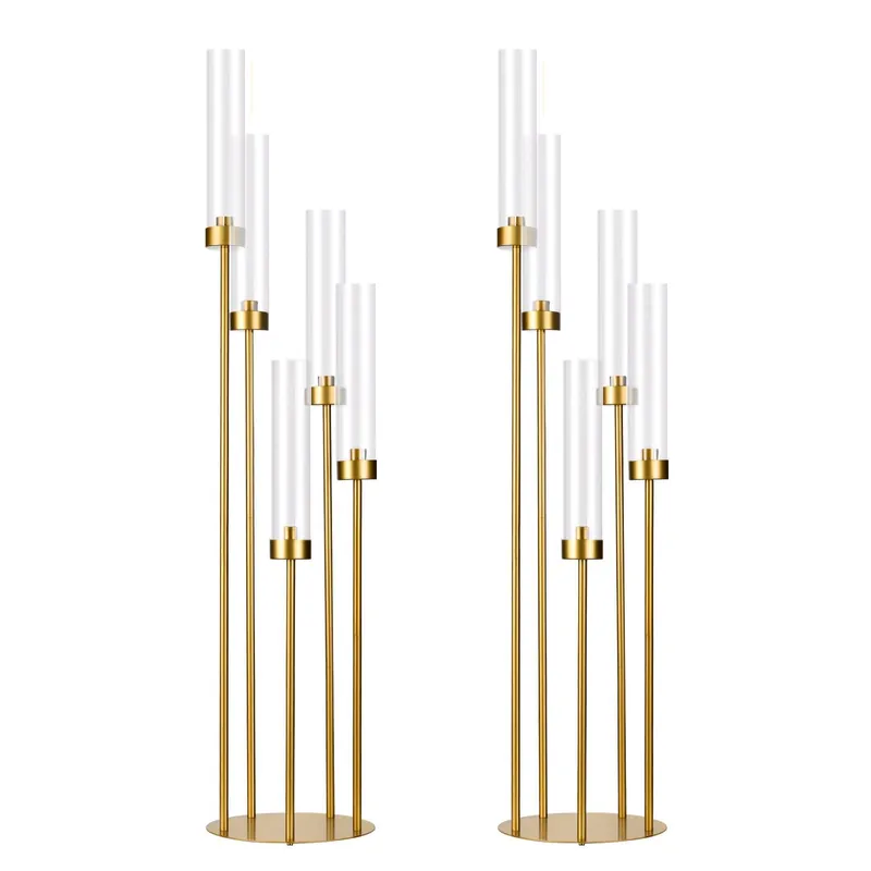 2PCS Gold Floor Candelabra,5 Arm Candle Holder Tall Floor Candle Holder with Acrylic Lampshade for Wedding Table Birthday Party Home Decoration Fit LED Taper Candles