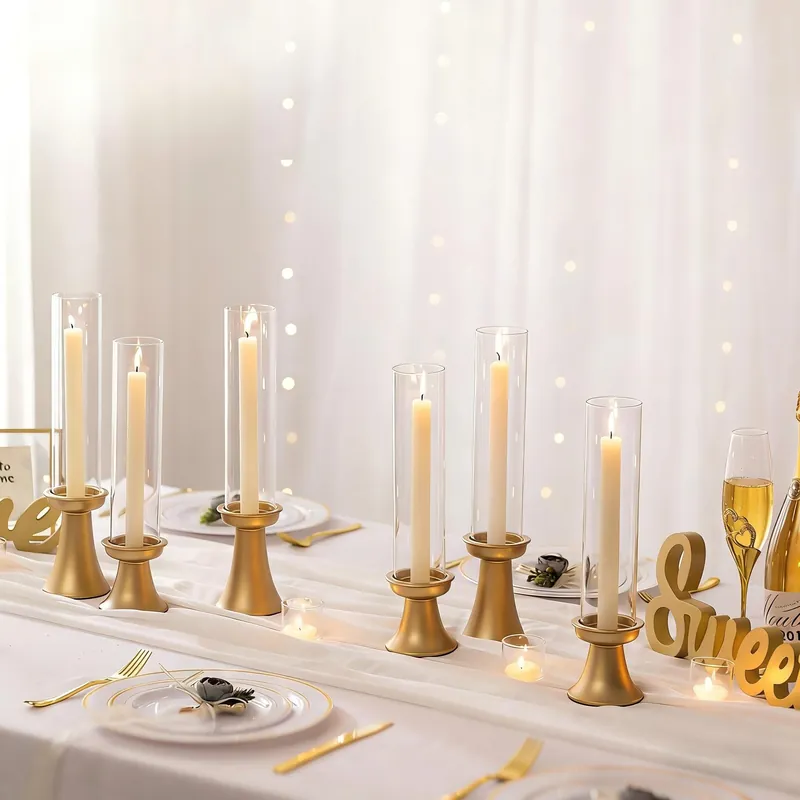 NUPTIO Gold Candlestick Holder for Centerpiece Set of 6 Hurricane Taper Candle Holders with Glass Cylinder Sleeve - Bulk Brass Candles Stand for Thanksgiving Christmas Holiday Party Decor
