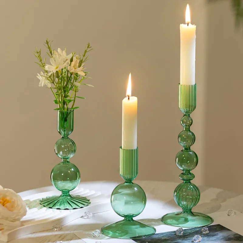 Hewory Glass Candlestick Holders Set 3PCS Green Candle Holder Taper Candle Holders Bulk, Crystal Ribbed Candle Sticks Holder Decor for Table Centerpiece Wedding Christmas Thanksgiving Dinner