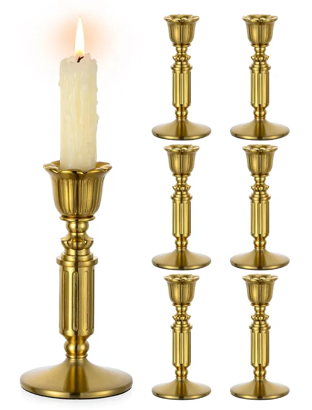 Gold Candle Holders Vintage Decor - Romadedi Solid Brass Candlestick Taper Holder for Wedding Christmas Table Centerpiece Mantel Home Decoration 5.5 Inch Set of 6