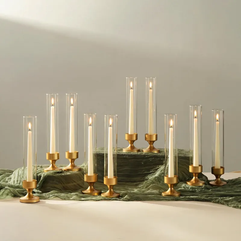 NUPTIO Hurricane Glass Candle Holder Set of 10 Metal Taper Candle Holders with Sleeves - Gold Candlestick Holders Bulk for Outdoor Party Wedding Table Centerpiece Decoration
