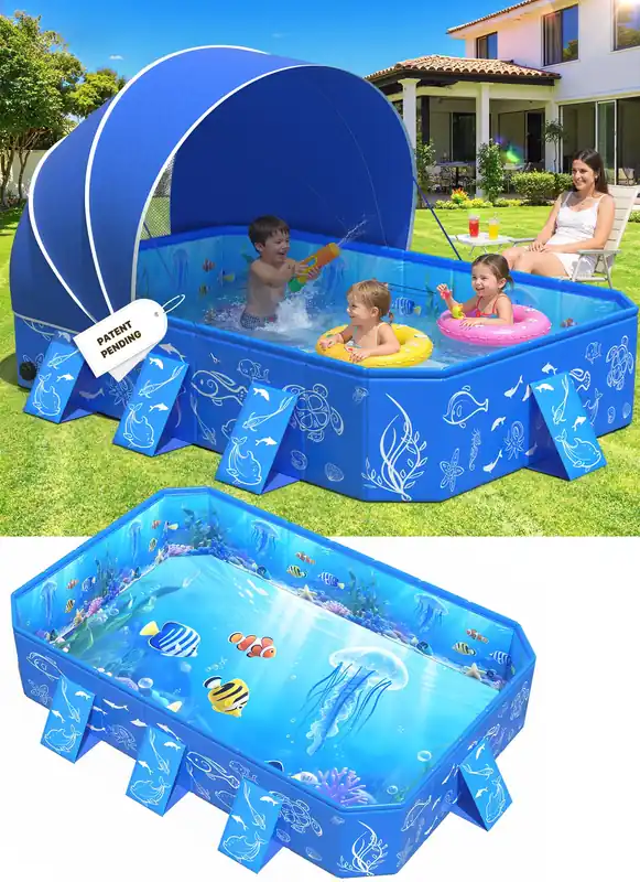 2026 Kiddie Pool with Canopy,Baby Swimming Pool for Toddler,Non-Inflatable Portable Pool for Kids,Foldable Toddler Pool with Shade,Kiddie Pool for Backyard,Pop Up Baby Beach Pool 53‘‘×40×33‘‘