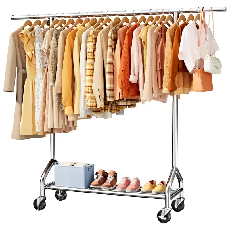 Sakugi Heavy Duty Clothes Rack - Garment Rack with Extendable Side Rods & Bottom Shoe Shelf, 25mm Stainless Steel Frame with Wheels, 49.8–74.8‘‘ x 62.6‘‘ x 16.5‘‘, Silver
