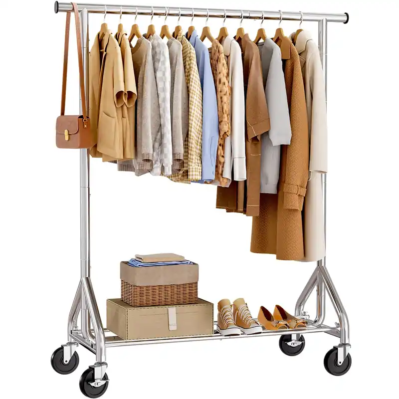 HYSEYY Clothes Rack, Rolling Clothing Rack for Hanging Clothes, Metal Portable Garment Rack with Sturdy Wheels, Coat Rack Wardrobe Closet Load 350 LBS for Bedroom Laundry Room (Sliver, L)