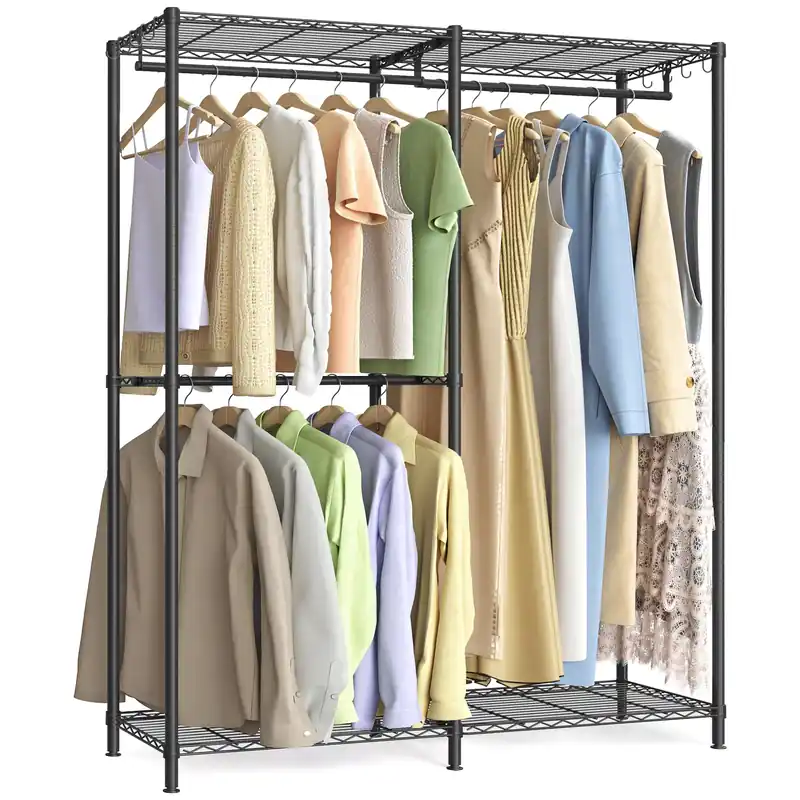 SONGMICS Clothes Rack, Freestanding Wardrobe Closet, Metal Clothing Racks, Heavy-Duty Garment Rack with Adjustable Shelves, Hanging Rods, Dividable, 15.8 x 47.2 x 70.9 Inches, Ink Black ULGR423B01