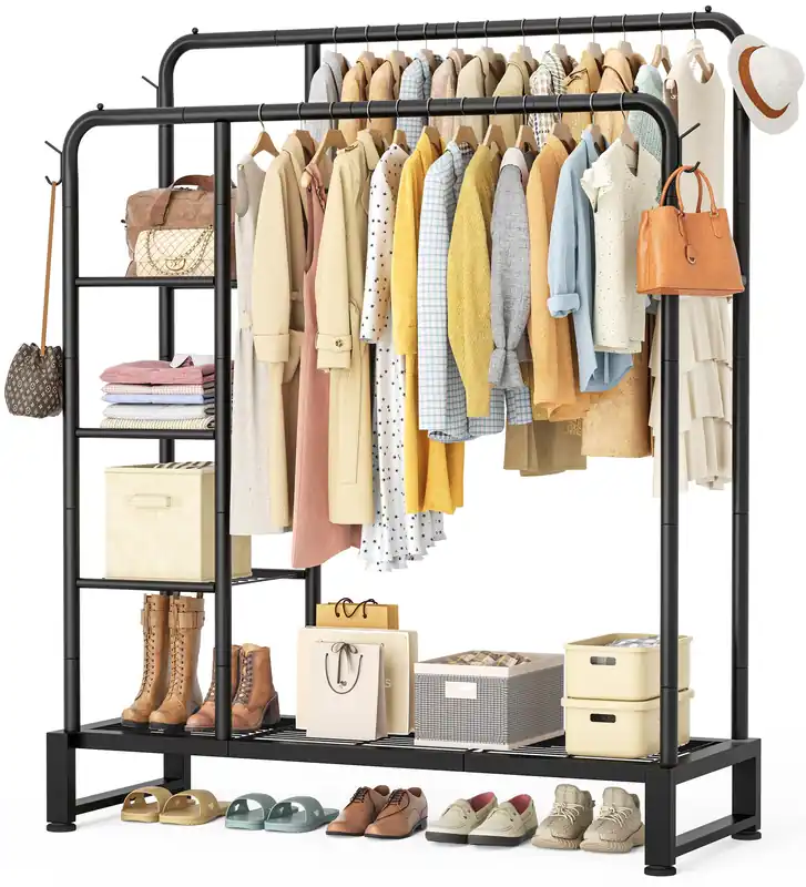Double Rods Clothes Rack Clothing Rack with 4 Tier Storage Shelves Clothes Rack for Hanging Clothes Multifunctional Heavy Duty Clothes Organizer with Hooks for Bedroom,Wardrobe Closet,Shop,Black