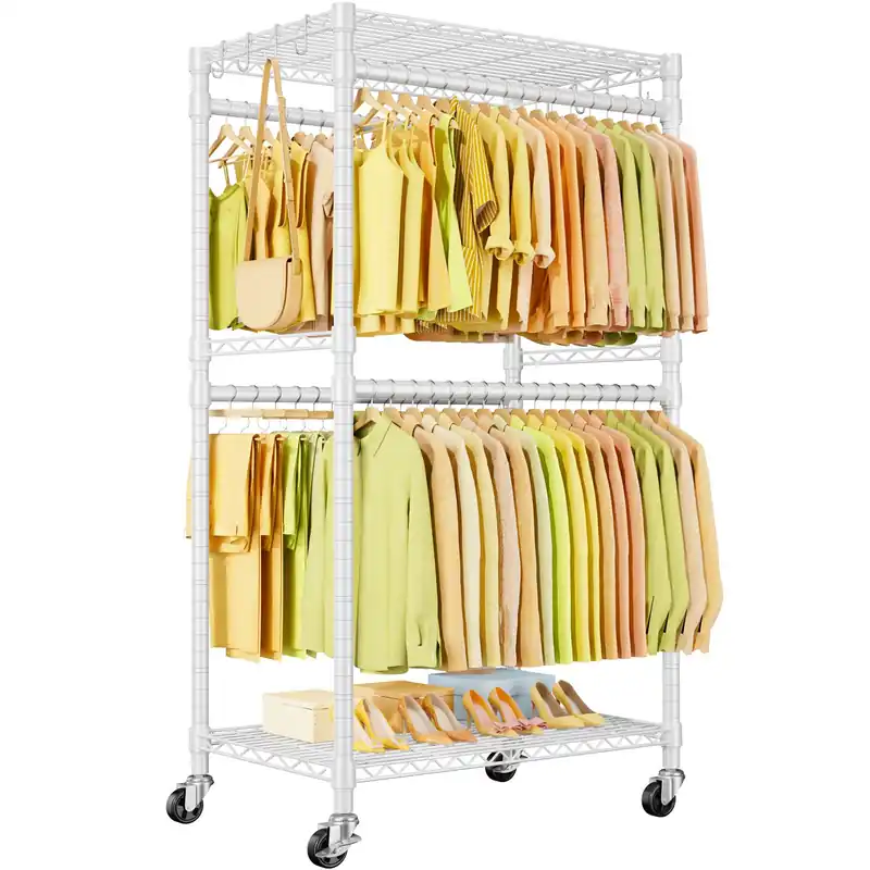 ULIFHOME P4 Rolling Clothes Rack Heavy Duty, Clothing Racks for Hanging Clothes, Freestanding Garment Racks with Wheels, Metal Portable Closet Rack 35.5‘‘W × 20.5‘‘D × 80.5‘‘H, Max Load 560Lbs, White