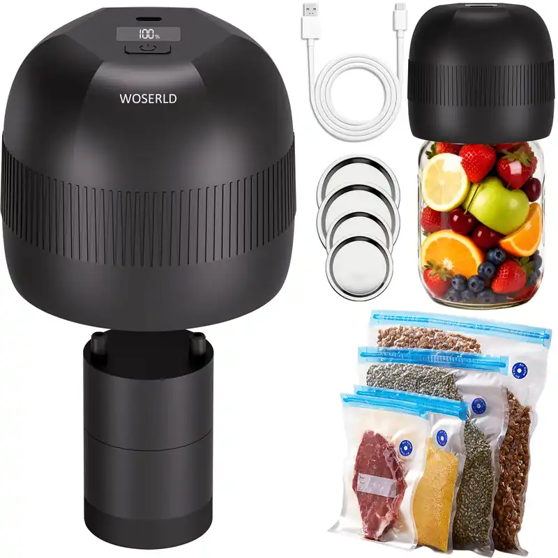 WOSERLD 3 in1 Electric Mason Jar Vacuum Sealer Kit, For wide Mouth & Regular Mouth Mason Jars. Portable Jar Vacuum Sealer, For Vacuum Food Bags, Vacuum Lunch Box (Dark Black)
