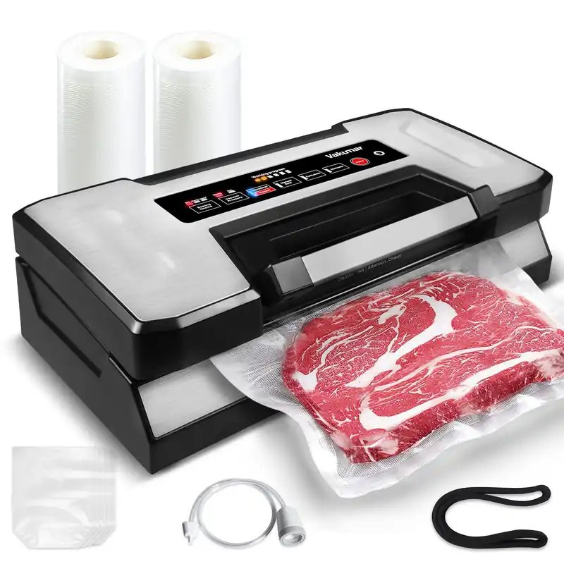 Vakumar Vacuum Sealer Machine, 90Kpa Liquid Food Vacuum Sealer Machine Preservation Dry/Moist/Liquid Modes, LED Indicator Light, Handle Locked Design, Built-in Cutter and Bag Storage, Starter Kit