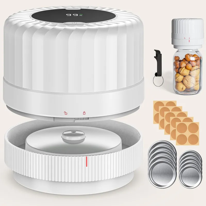 HTPOW Electric Mason Jar Vacuum Sealer - Fully Automatic Mason Jar Vacuum Sealer Kit for All Mason Jars with Regular Lids and Wide Mouth Lids, A Must-Have Tool for Canned Foods/Pantry - White