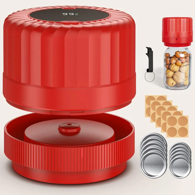 HTPOW Electric Mason Jar Vacuum Sealer - Fully Automatic Mason Jar Vacuum Sealer Kit for All Mason Jars with Regular Lids and Wide Mouth Lids, A Must-Have Tool for Canned Foods/Pantry - Red