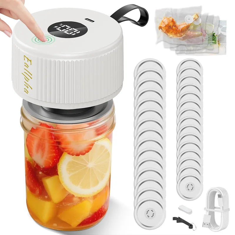 Electric Mason Jar Vacuum Sealer 3 in 1 Vacuum Sealer for Mason Jars with 30 Lids (Wide/Reg)+5 Food Storage Bags,One-Tap Control,Mason Jar Sealer for Canning Pickling Meal Prep & Dry Goods
