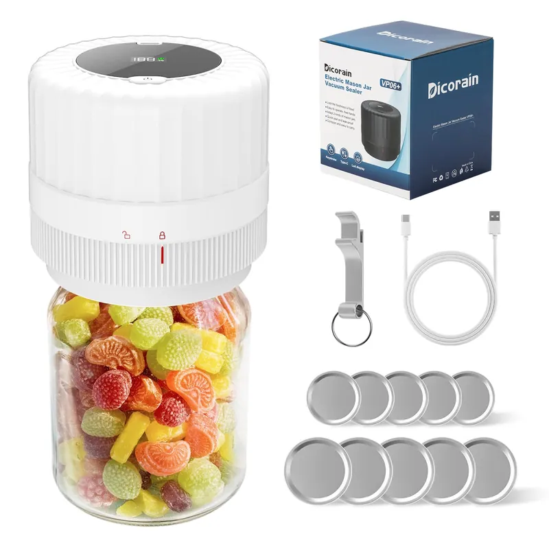 Electric-Mason-Jar-Vacuum-Sealer, Automatic Wide Mouth and Regular Mouth Mason Jar Vacuum Sealer Kit, VP06+ Vaccum Sealer for Jars with Opener & 5 Pairs of Lids (White)