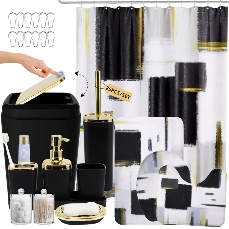 XLHOMO Bathroom Accessories Set - 25PC Bathroom Set with Shower Curtain and Rugs, Black Bathroom Set, Bathroom Accessory Set with Press-on Lid Trash Can, Soap Dispenser and Qtip Holders