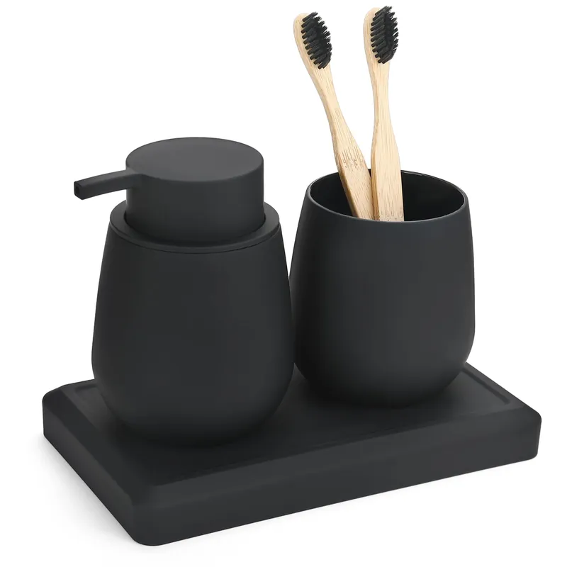 DAHACIS Black Bathroom Accessories Set, Modern 3 Pcs Bathroom Essentials - Soap Dispenser, Toothbrush Holder & Tray, Countertop Vanity Organizer (Black)