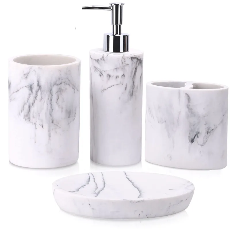 ZCCZ Bathroom Accessory Set, 4 Pcs Marble Look Bathroom Vanity Countertop Bathroom Décor Sets Accessories with Soap Dispenser, Toothbrush Holder Set, Tumbler, Soap Dish
