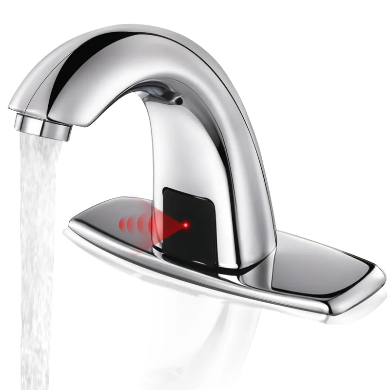 Automatic Touchless Bathroom Sink Faucet Commercial Sensor Motion Activated Hands Free Basin Auto Tap with Deck Cover Plate Battery Operated Temperature Valve Water Saving Modern Stylish(Chrome)
