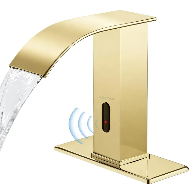 ZHIXINGKX Touchless Bathroom Faucet with Waterfall Spout,Motion Automatic Sensor Bathroom Sink Faucet with Hole Cover Plate, Stainless Steel Hands Free Vanity Faucet(Regular, Gold)