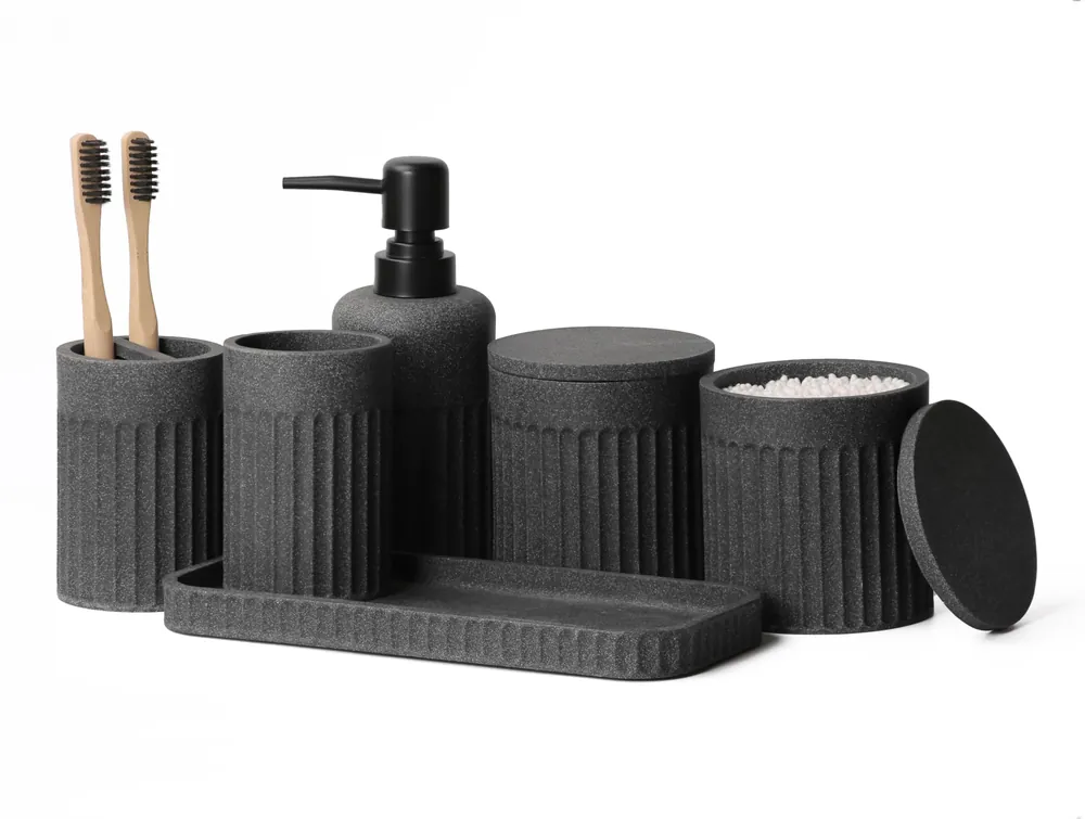 INIUNIK Bathroom Accessory Set - 6 Pieces Bathroom Accessories Set Complete with Soap Dispenser, Toothbrush Holders, Tumbler, Vanity Tray and 2 Qtip Holder for Home Organizer and Decor, Dark Grey