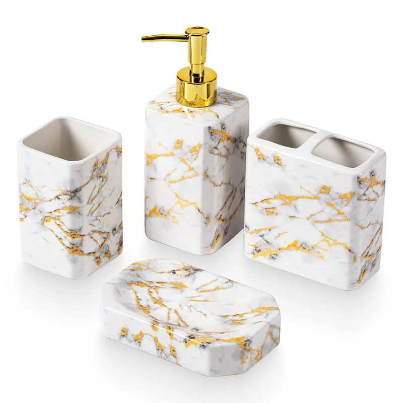 4 Piece Bathroom Accessories Set - White Bathroom Accessory Sets Includes Lotion Dispenser, Toothbrush Holder Tumbler, and Soap Dish - Glossy Finish (Marble, White)