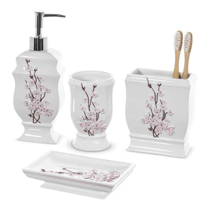 Creative Scents Vanda Bathroom Set - Cherry Blossom White Bathroom Accessories Set - 4 Piece Floral Bathroom Soap Dispenser Set Includes Lotion Dispenser, Toothbrush Holder, Tumbler & Soap Dish