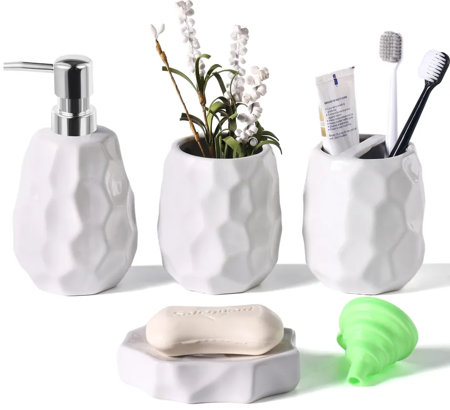 Ceramic Bathroom Accessories Set 4 PCS,Bathroom Toothbrush Holder Set,Soap and Toothbrush Holder Set,Include Toothbrush Holder,Soap Dispenser,Tumbler,Soap Dish,Bathroom Sets Decor Organizer (White)