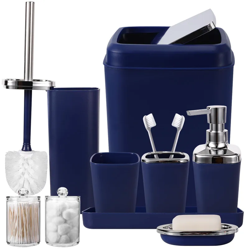 XLHOMO Navy Blue Bathroom Accessories Set, 9-Piece Plastic Gift Set with Trash Can, Toothbrush Holder, Toothbrush Cup, Soap Dispenser, Soap Dish, Toilet Brush Holder,2 Qtip Holder Dispensers and Tray