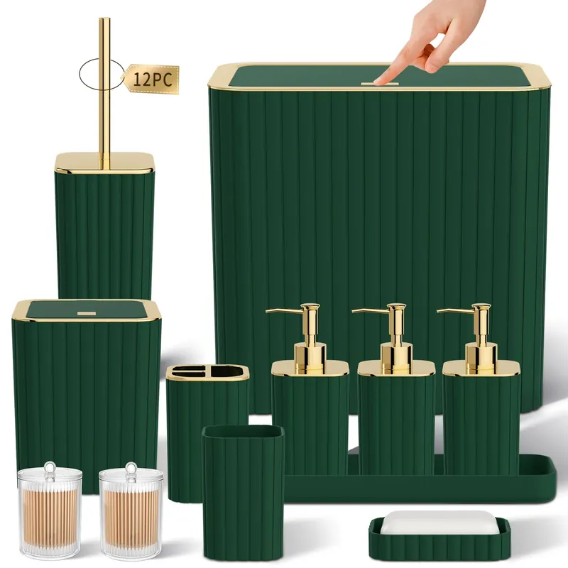 InnJoey Bathroom Accessory Set - Bathroom Set, 12PC Bathroom Accessories Set, Dark Green Bathroom Accessories Set, Mini Trash Can, Toilet Brush, Trash Can & Soap Dispenser