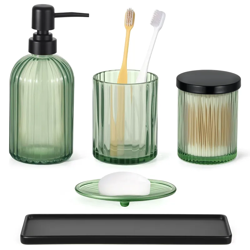 Shinowa Bathroom Accessories Set, 5 Pcs Clear Glass Bathroom Accessory Sets Complete with Soap Dispenser, Toothbrush Holder, Q-Tips Holder, Soap Dish, Ceramic Tray, Vanity Organizer, Green