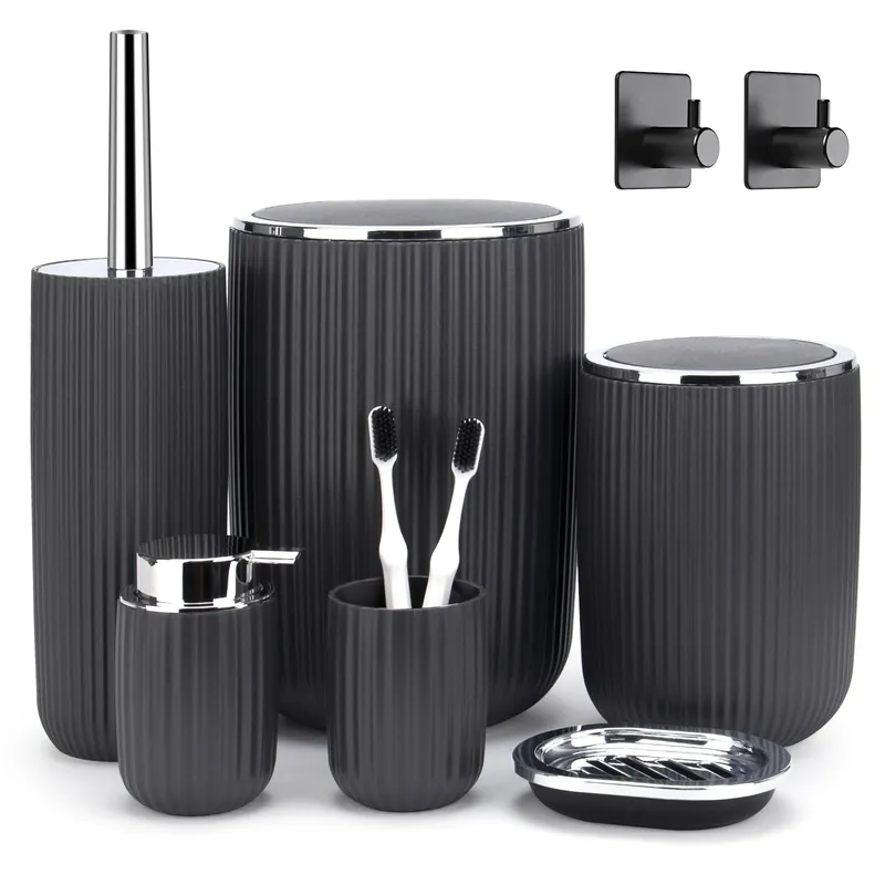 Boperzi Bathroom Accessories Set Complete 8pc Bathroom Accessory Set with Trash Can 2pc for Floor/Counter, Toilet Brush, Soap Dispenser, Toothbrush Holder, Adhesive Hook, Grey Modern Bathroom Set