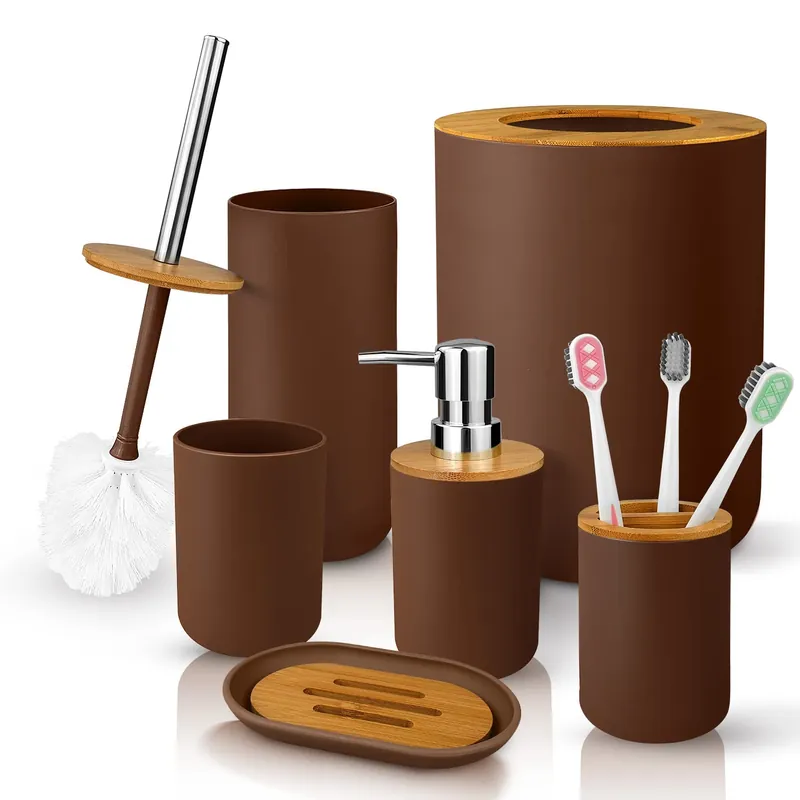 Bathroom Accessory Set, 6 Pcs Bathroom Essential Includes Toothbrush Holder, Toilet Brush with Soap Dispenser, Toothbrush Cup, Soap Dish, Trash Can (Brown, Bamboo)
