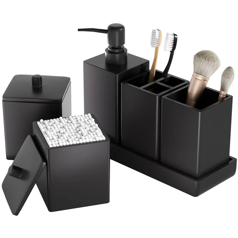 Black Bathroom Accessories Set Resin 6PCS, Square Toothbrush Holders Set Complete with Soap Dispenser, Vanity Tray, Tumbler, Cups and Cotton Swab Jars for Counter, Sink or Small Spaces