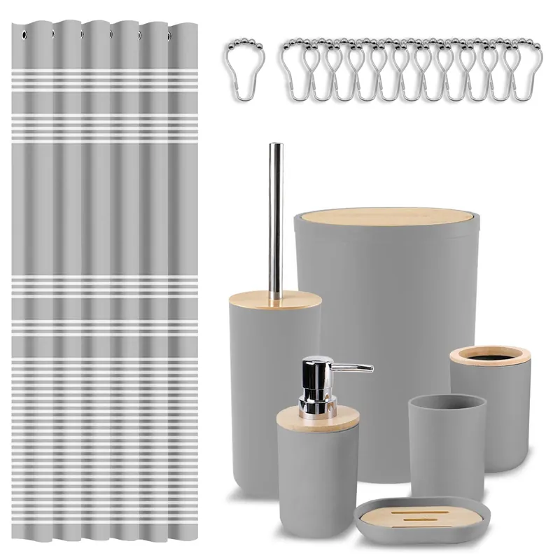 Britimes Bathroom Accessories Set, Grey Shower Curtain Set with Trash Can, Soap Dispenser, Toilet Brush Holder, Toothbrush Holder and Toothbrush Cup for Bathroom Decor