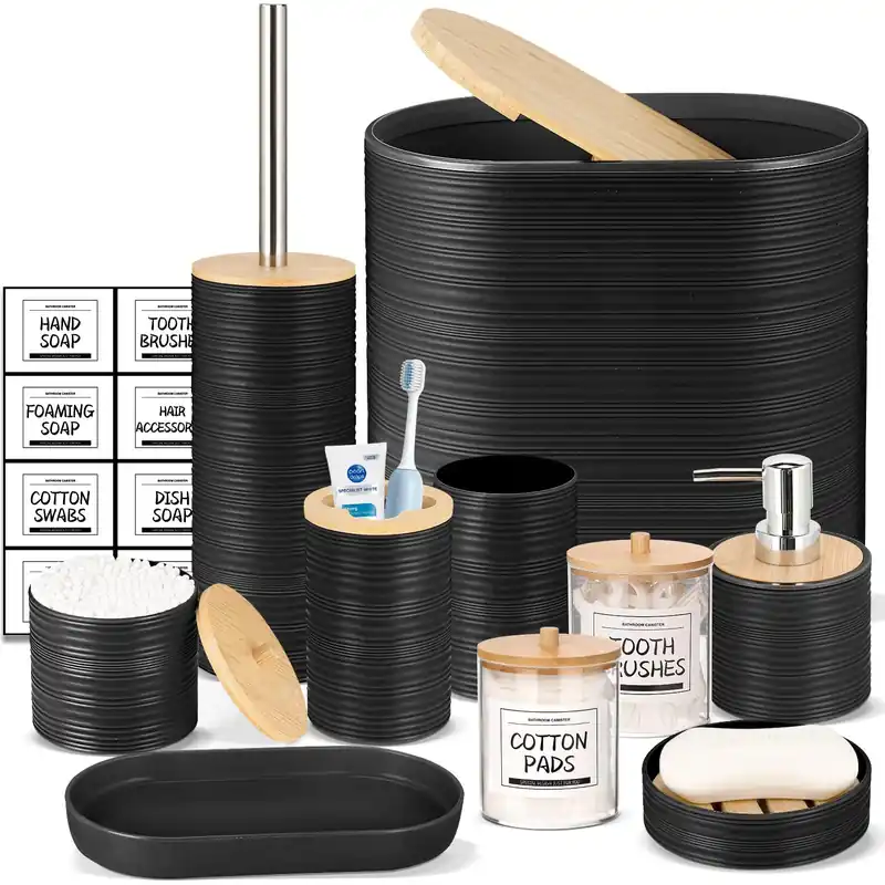 IMAVO Bathroom Accessory Set-11Pcs Black Bathroom Accessories Set with Trash Can,Soap Dispenser,Soap Dish,Toothbrush Holder,Toothbrush Cup,Toilet Brush Holder,Qtip Holder Dispenser with Labels