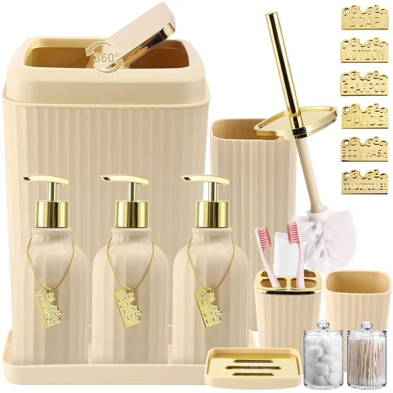 WSBArt 17PCS Bathroom Accessory Set Bathroom Set Beige Bathroom Accessories,Toilet Brush, Trash Can, Qtip Holder Dispenser& 3PCS Soap Dispenser