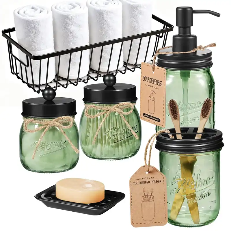 SheeChung Green Bathroom Accessories Set, 6Pcs Mason Jar Glass Bathroom Set, Lotion Soap Dispenser, Toothbrush Holder, Qtip Holder, Soap Dish, Metal Wire Basket, Rustic Farmhouse Bathroom Decor-Black