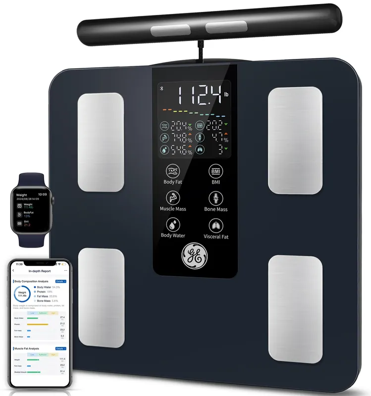 GE Smart Scale for Body Weight 8-Electrode Digital Bathroom Scale for Weight Fat BMI Muscle Mass Full Body Composition Analyzer 50 Measurements Bluetooth Highly Accurate Weighing Machine 400lb Black