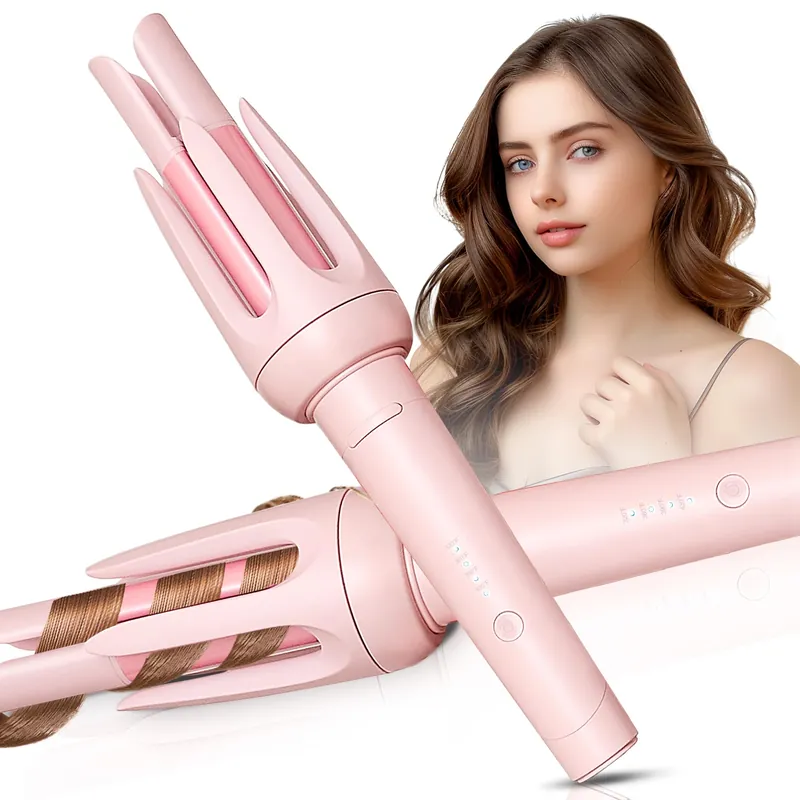 Auto Hair Curler, Automatic Curling Iron with 4 Temperature & 3 Timer, Automatic Shut-Off, Anti-Scald, Anti-Tangle Rotating Curling Wand for Hair Styling, Pink